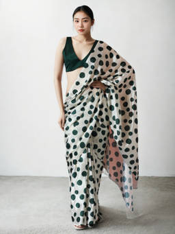 URBAN PALLU - White Polka Dots Silk Blend Pre-Draped saree with Unstitched Blouse