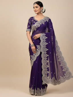 URBAN PALLU - Navy Blue Embellished/Sequined Poly Georgette Saree with Unstitched Blouse