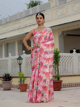URBAN PALLU - Pink Floral Silk Blend Pre-Draped saree with Unstitched Blouse