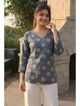 FLOSIVE - Women's Grey Printed A-Line Kurti