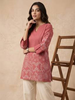 FLOSIVE - Elegant Dusty Rose Ethnic Motif Printed Straight Kurti