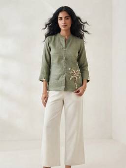 FLOSIVE - Elegant Olive Green Kodi Work Linen Cotton Fancy Shirt