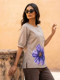 FLOSIVE - Elegant Brown Dtf Print Purple Flower Tunic Shirt