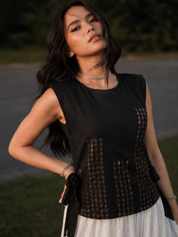 FLOSIVE - Elegant Black Hot Fix Rhinestone Work Sleeveless Top