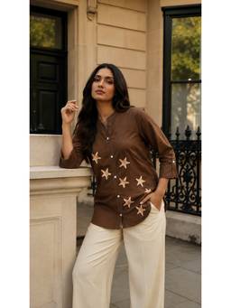 FLOSIVE - Elegant Brown Dtf Print Yellow Star Shirt