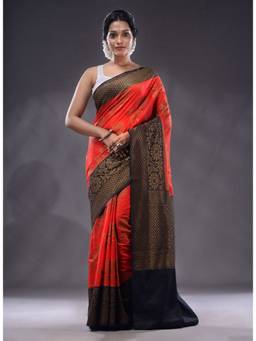 CHARUKRITI - Red Dupion Silk Handwoven Saree With Unstitched Blouse