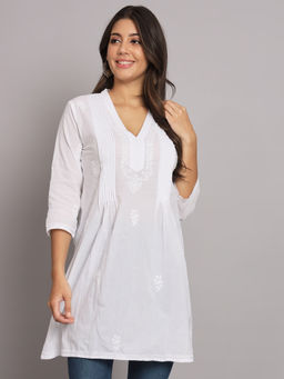 PARAMOUNT CHIKAN - Women Hand Embroidered Lucknowi Chikankari White Pleated Style Kurti