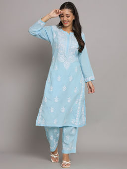 PARAMOUNT CHIKAN - Women Hand Embroidered Lucknowi Chikankari Blue Kurta & Pants (Set of 2)