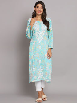PARAMOUNT CHIKAN - Women Hand Embroidered Blue Mulmul Lucknowi Chikankari Kurta