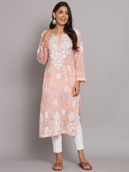 PARAMOUNT CHIKAN - Women Hand Embroidered Peach Mulmul Lucknowi Chikankari Kurta