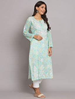 PARAMOUNT CHIKAN - Women Hand Embroidered Sea Green Mulmul Lucknowi Chikankari Kurta