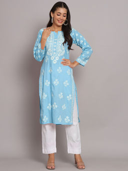PARAMOUNT CHIKAN - Women Hand Embroidered Blue Cotton Lucknowi Chikankari Kurta