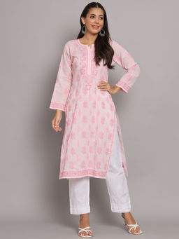PARAMOUNT CHIKAN - Women Hand Embroidered Pink Cotton Lucknowi Chikankari Kurta