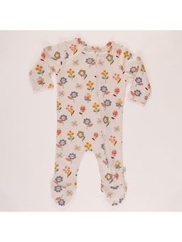 FURR BALLS - Off White Baby Zipper Garden of Dreams Printed Full Sleeves Bodysuit