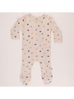 FURR BALLS - Off White Baby Zipper Little Racer Printed Full Sleeves Bodysuit