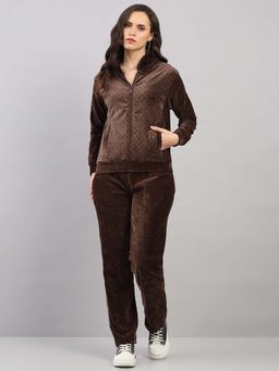 Monte Carlo - Women's Regular Fit Polka Dot Hooded Full Sleeve Brown Tracksuit