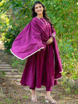 HOUSE OF JAMOTI - Burgundy Mirror Work Anarkali Pant with Dupatta