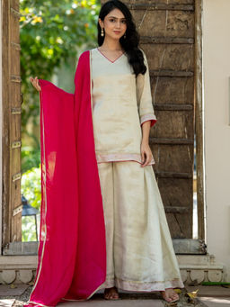 HOUSE OF JAMOTI - Ivory Embroidered Kurti Palazzo with Dupatta