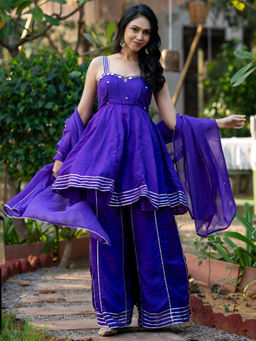 HOUSE OF JAMOTI - Purple Mirror Work Kurta Sharara with Dupatta