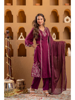 Juniper - Wine Embellished/Sequined Kurta Pant with Dupatta