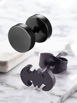 Fabula - Black Dumbbell And Bat Stud Earring For Men (Pack Of 2)