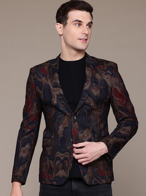 ESSAS club Men Knitted Blue Gold Abstract Print Single-Breasted Slim-Fit Blazer