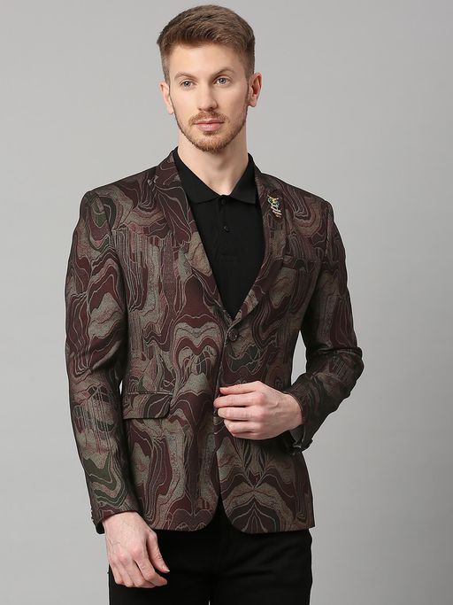 ESSAS club Knitted Maroon Gold Abstract Print Single-Breasted Slim-Fit Blazer