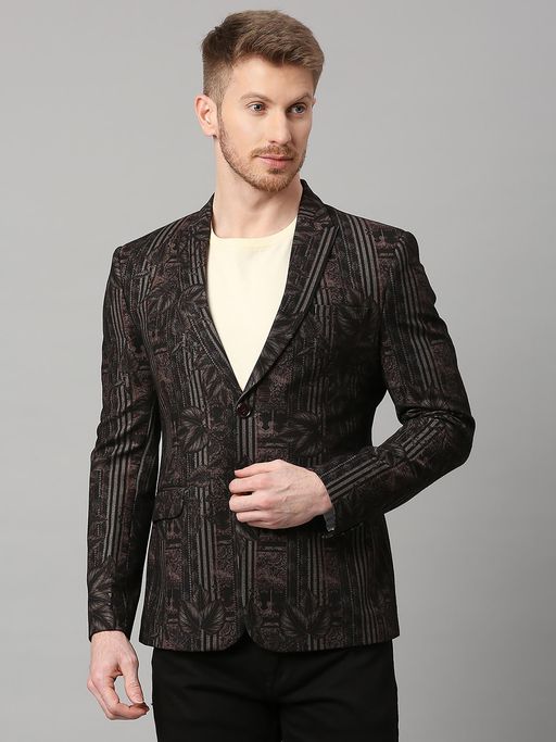 ESSAS club Black Knitted Leaf & Stripe Print Single-Breasted Slim-Fit Blazer