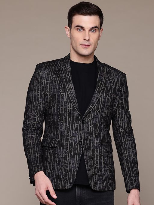 ESSAS club Men Knitted Grey Abstract Print Single-Breasted Slim-Fit Blazer