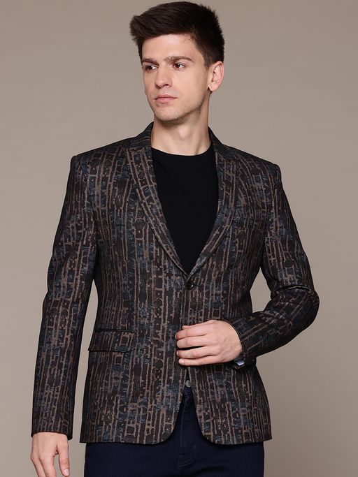 ESSAS club Men Knitted Brown Abstract Print Single-Breasted Slim-Fit Blazer