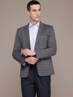 ESSAS club - Men Grey Single-Breasted Slim-Fit Checkered Blazer