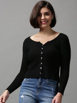 SHOWOFF - Women's Long Sleeves V-neck Black Solid Sweater Vest