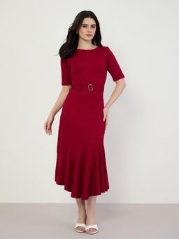 Styli - Maroon Textured Boat Neck Dress