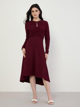 Styli - Burgundy Solid/Plain Round Neck Dress