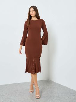 Styli - Brown Self Design Round Neck Dress
