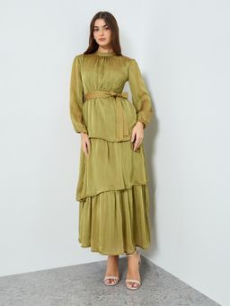 Styli - Gold Solid/Plain High Neck Dress