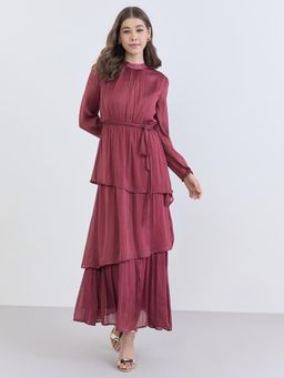 Styli - Burgundy Solid/Plain High Neck Dress