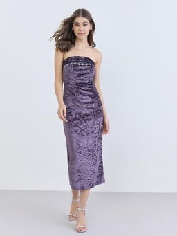 Styli - Purple Self Design Strapless/Tube Dress
