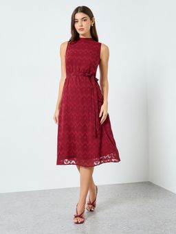 Styli - Red Self Design High Neck Dress