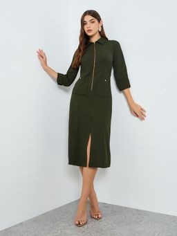 Styli - Olive Textured Collar Neck Dress
