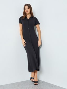 Styli - Black Solid/Plain Collar Neck Dress