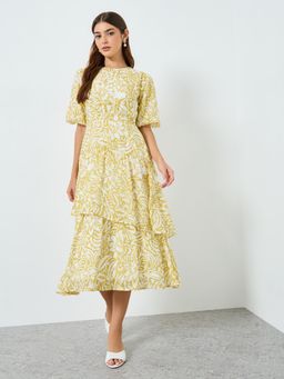 Styli - Yellow Floral Round Neck Dress