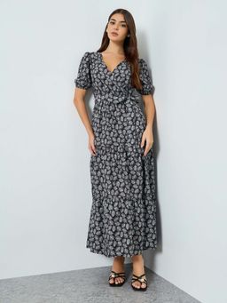 Styli - Black Printed V-Neck Dress