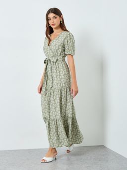 Styli - Green Printed V-Neck Dress