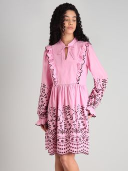 VERO MODA - Pink Embroidered Mandarin Neck Dress