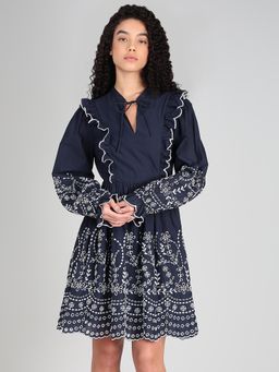 VERO MODA - Navy Blue Embroidered Mandarin Neck Dress