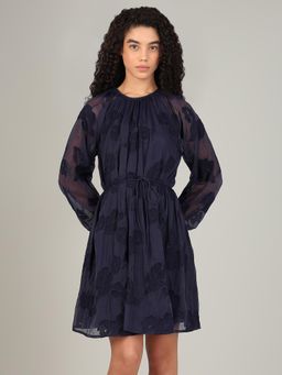 VERO MODA - Navy Blue Embroidered Round Neck Dress With Belt