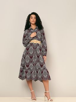 VERO MODA - Maroon Embroidered Collar Neck Dress With Belt