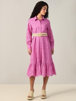 VERO MODA - Pink Self Design Collar Neck Dress With Belt