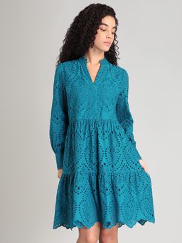 VERO MODA - Blue Self Design V-Neck Dress